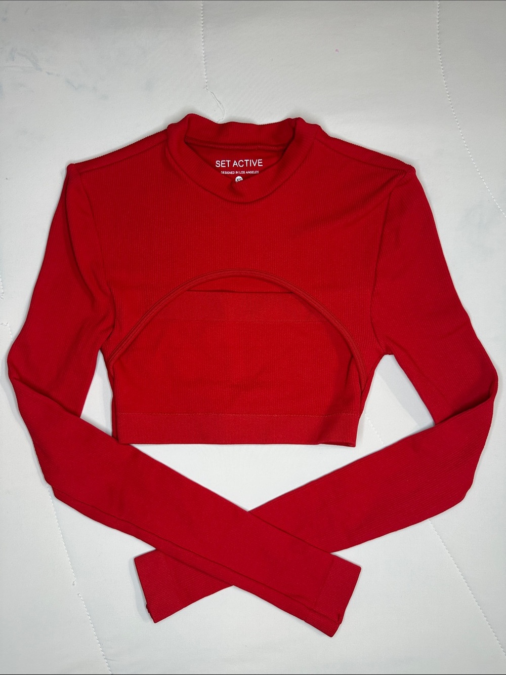 SET Active Bright Red Ribbed Long-Sleeve Cropped Top - XS
